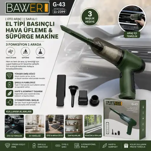 Egonex Bawer G-43 ( Oto Araç ) ( Sarjlı ) El Tipi Basınçlı Hava Üfleme & Süpürge Makine ( 3 Başlık )