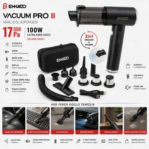 Egonex Enkado Ekd-sp10 ( Oto Araç & 2ın1 ) ( Şarjlı ) ( 100w & 17000pa ) ( 9 Başlık & 3 Filtre ) El Tipi Basınçlı Hava Üfleme & Araç Süpürge Makinesi ( Taşıma Çantalı )