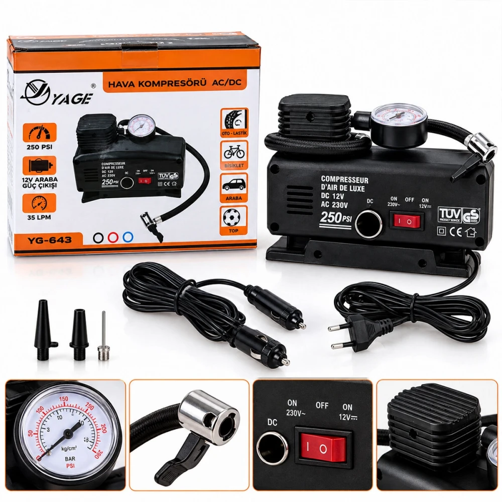 Egonex Yage Ka-843 ( 2ın1=oto Çakmaklık & Fişli ) ( Tek Piston ) Hava Kompresörü ( Dc-12v Ac-220v & 250psı )