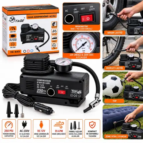 Egonex Yage Ka-843 ( 2ın1=oto Çakmaklık & Fişli ) ( Tek Piston ) Hava Kompresörü ( Dc-12v Ac-220v & 250psı )